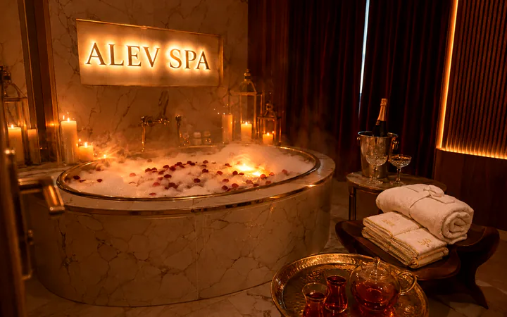Jakuzili VIP süit — loş ışıkta sıcak su keyfi, Alev Spa