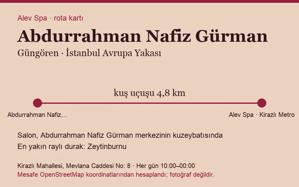 Abdurrahman Nafiz Gürman masaj salonu rota kartı: Alev Spa'ya kuş uçuşu 4,8 km, salon kuzeybatısında