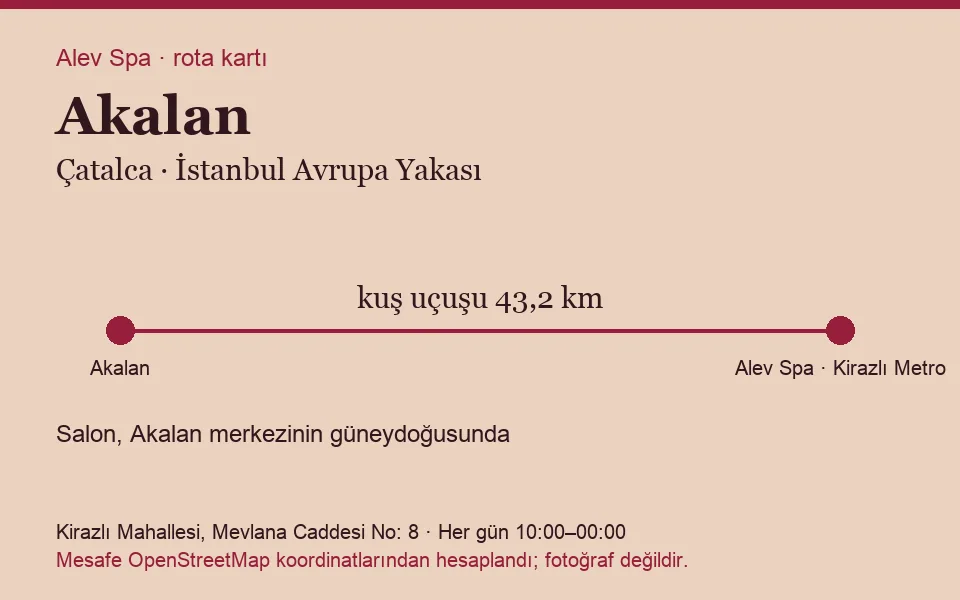 Akalan masaj salonu rota kartı: Alev Spa'ya kuş uçuşu 43,2 km, salon güneydoğusunda