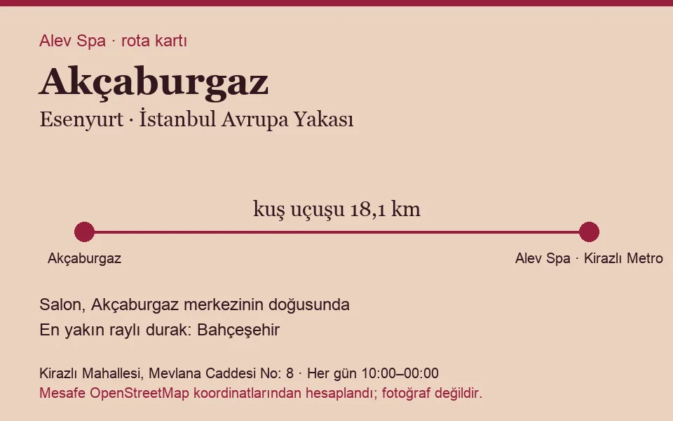 Akçaburgaz masaj salonu rota kartı: Alev Spa'ya kuş uçuşu 18,1 km, salon doğusunda