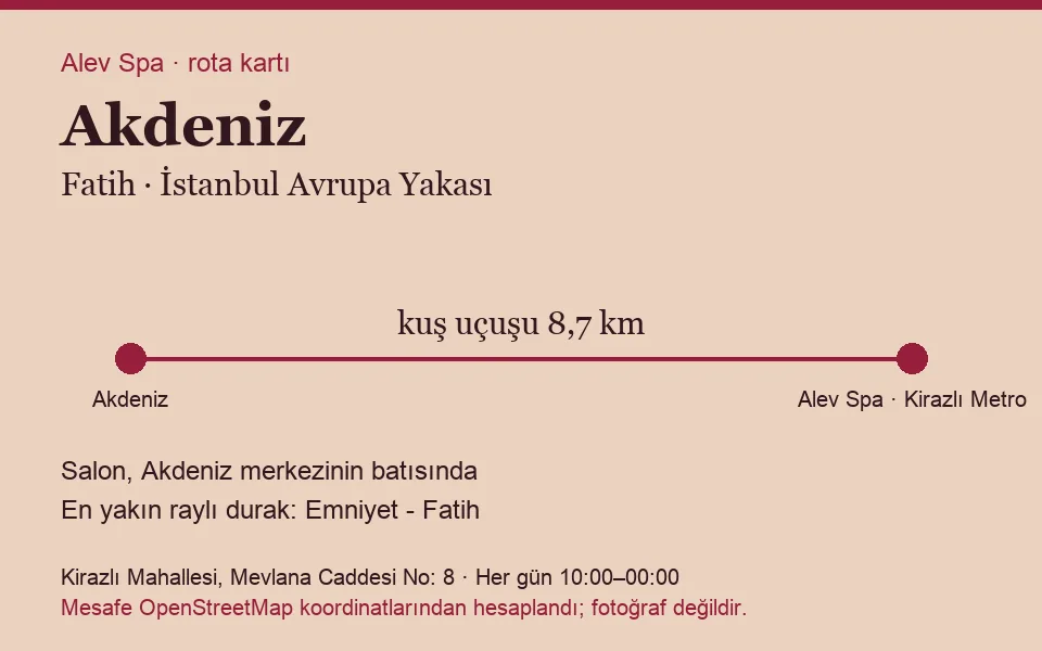 Akdeniz masaj salonu rota kartı: Alev Spa'ya kuş uçuşu 8,7 km, salon batısında