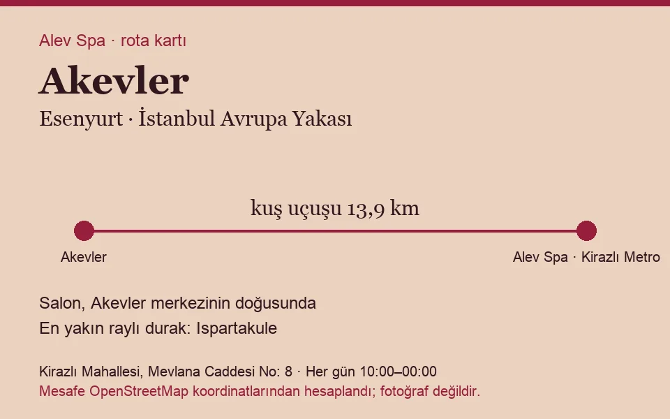 Akevler masaj salonu rota kartı: Alev Spa'ya kuş uçuşu 13,9 km, salon doğusunda