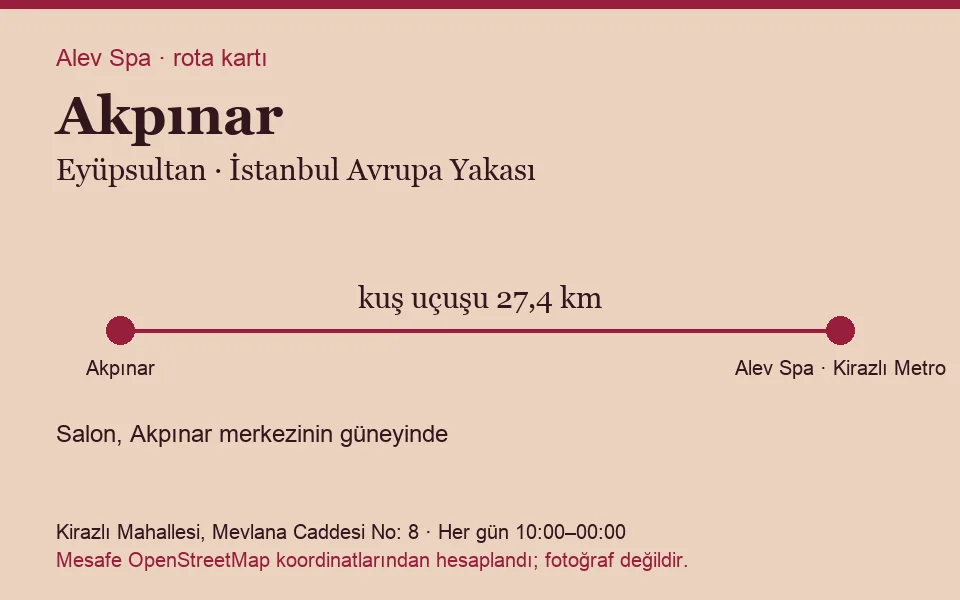 Akpınar masaj salonu rota kartı: Alev Spa'ya kuş uçuşu 27,4 km, salon güneyinde