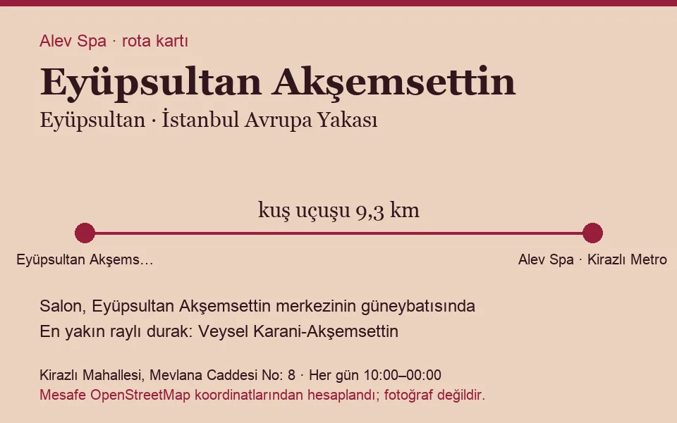 Akşemsettin (Eyüpsultan) masaj salonu rota kartı: Alev Spa'ya kuş uçuşu 9,3 km, salon güneybatısında