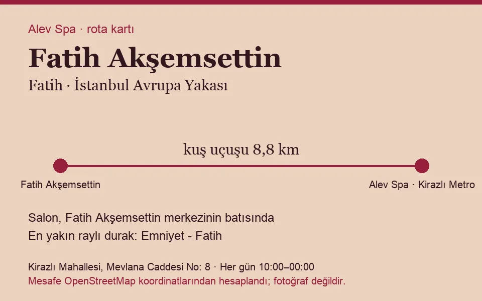 Akşemsettin (Fatih) masaj salonu rota kartı: Alev Spa'ya kuş uçuşu 8,8 km, salon batısında