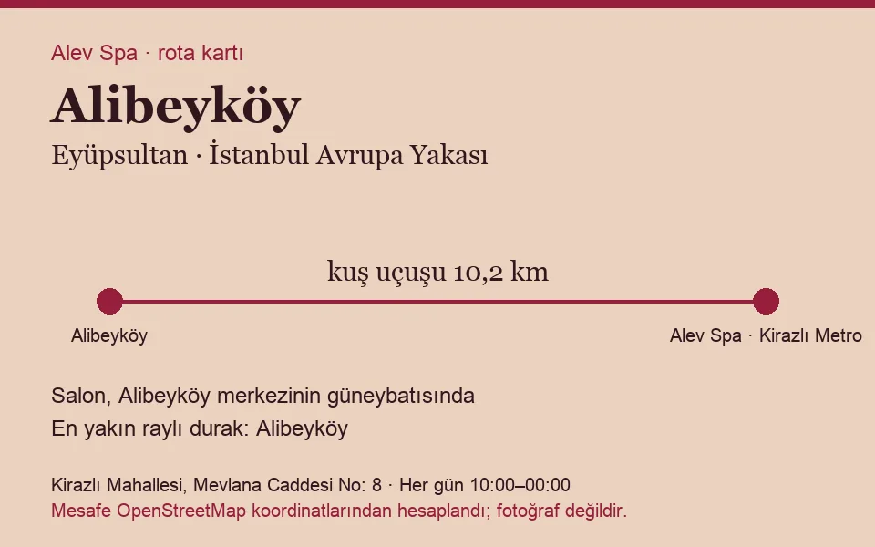 Alibeyköy masaj salonu rota kartı: Alev Spa'ya kuş uçuşu 10,2 km, salon güneybatısında