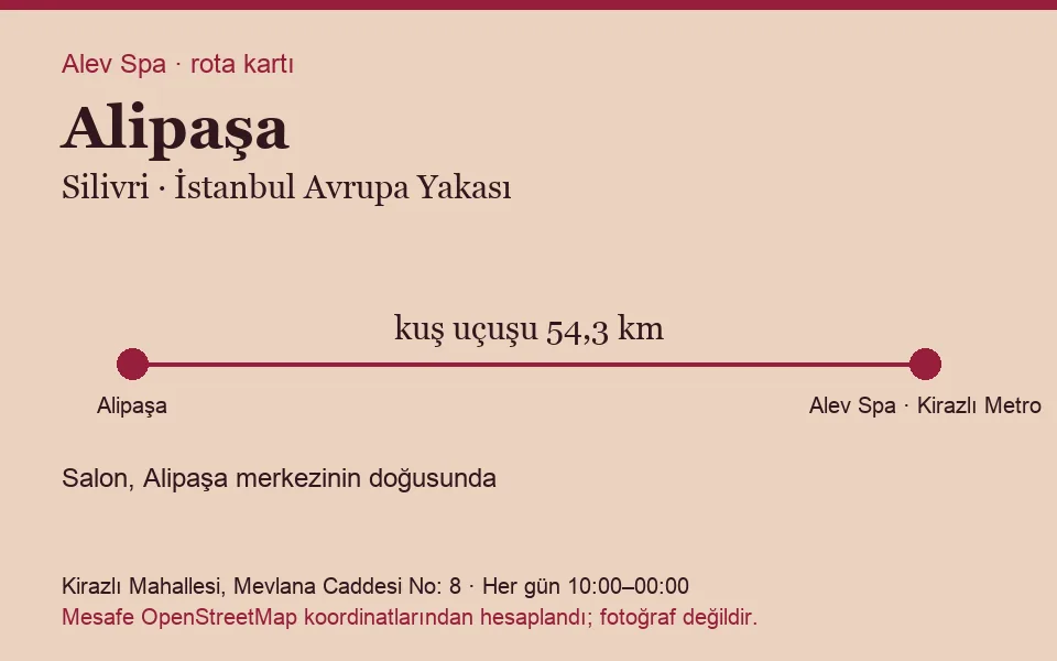 Alipaşa masaj salonu rota kartı: Alev Spa'ya kuş uçuşu 54,3 km, salon doğusunda