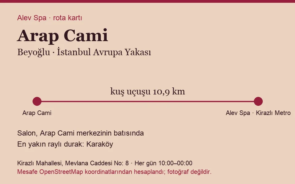 Arap Cami masaj salonu rota kartı: Alev Spa'ya kuş uçuşu 10,9 km, salon batısında