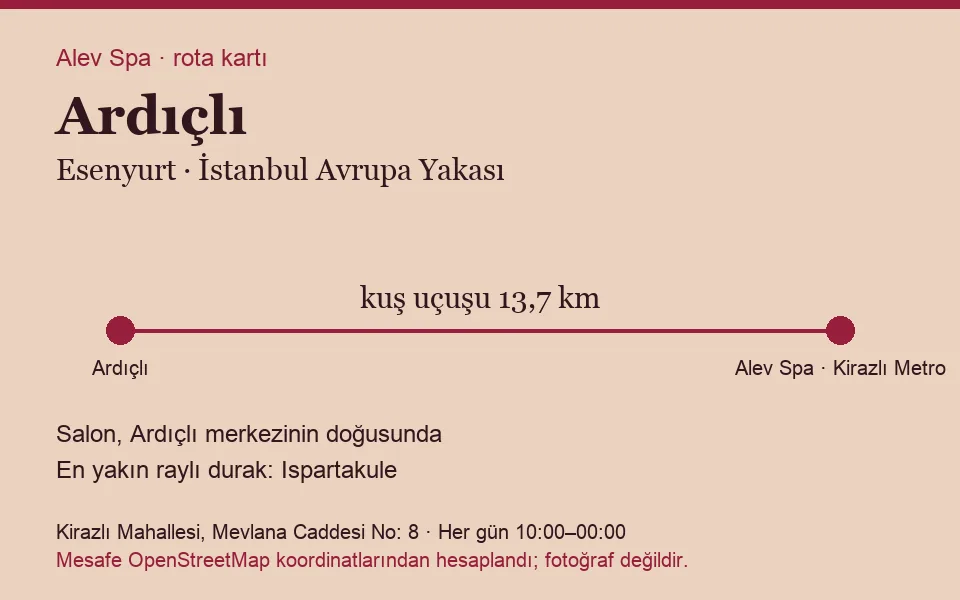 Ardıçlı masaj salonu rota kartı: Alev Spa'ya kuş uçuşu 13,7 km, salon doğusunda