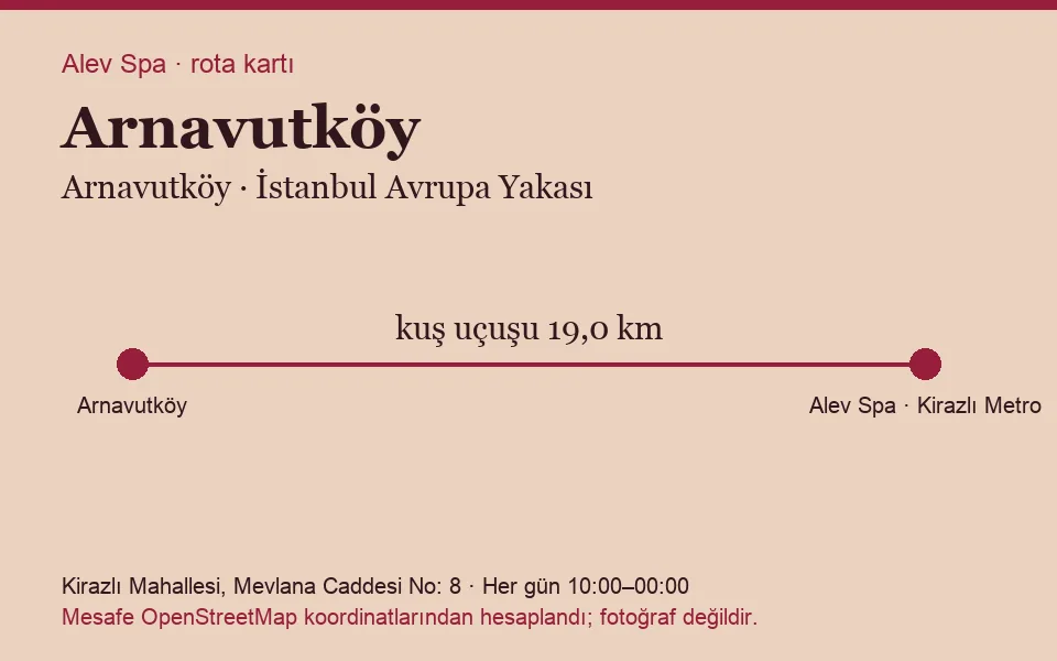 Arnavutköy masaj salonu rota kartı: Alev Spa'ya kuş uçuşu 19,0 km