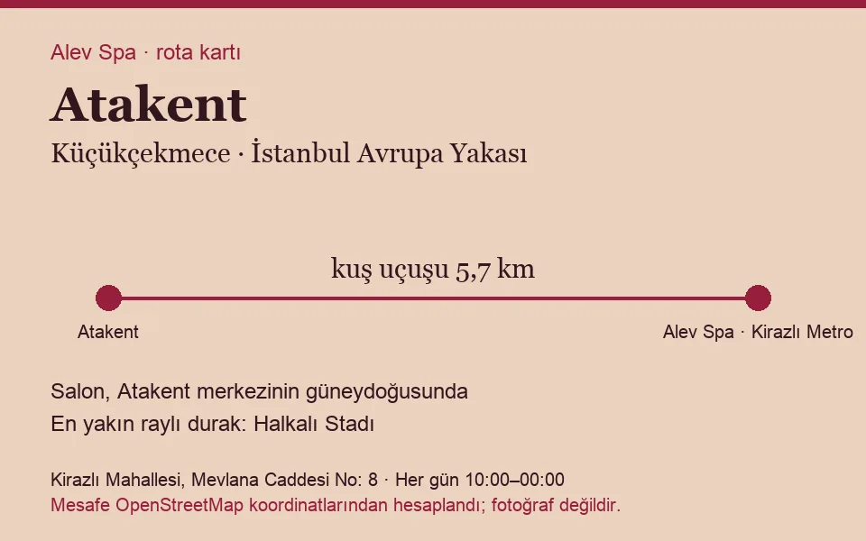 Atakent masaj salonu rota kartı: Alev Spa'ya kuş uçuşu 5,7 km, salon güneydoğusunda