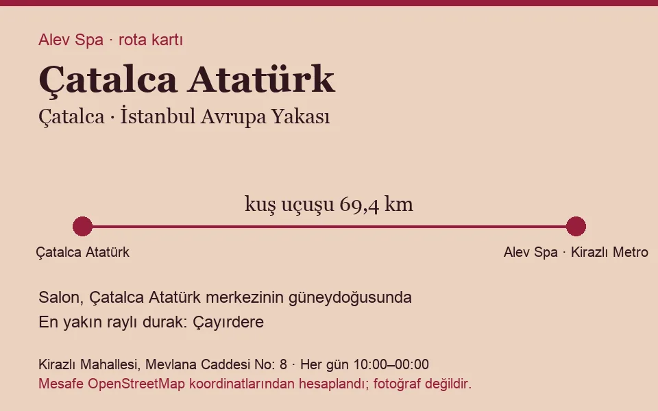 Atatürk (Çatalca) masaj salonu rota kartı: Alev Spa'ya kuş uçuşu 69,4 km, salon güneydoğusunda