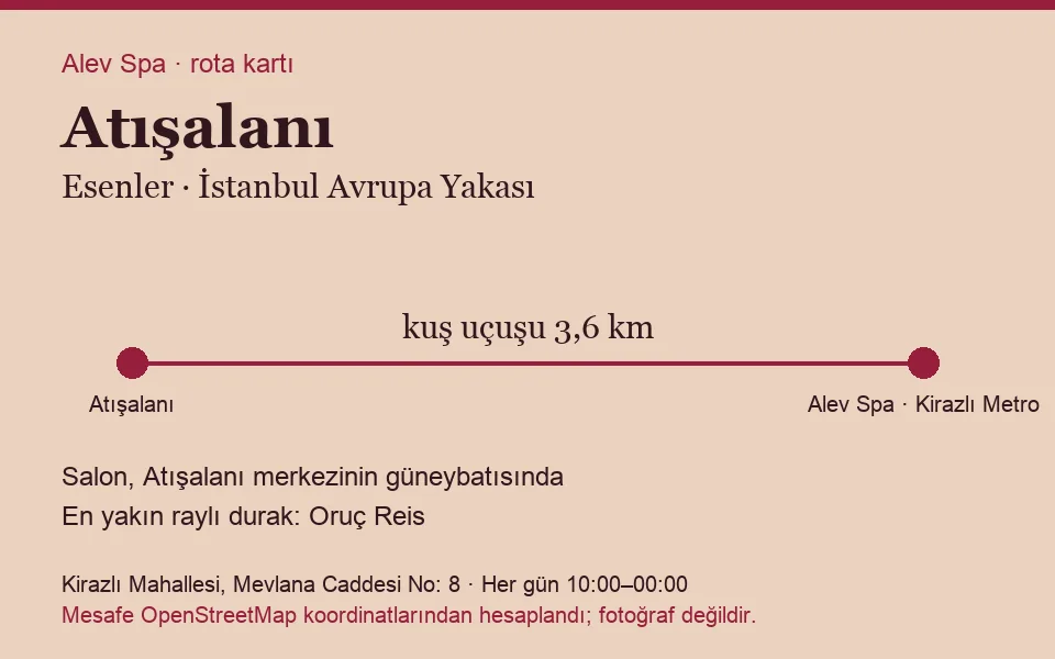 Atışalanı masaj salonu rota kartı: Alev Spa'ya kuş uçuşu 3,6 km, salon güneybatısında