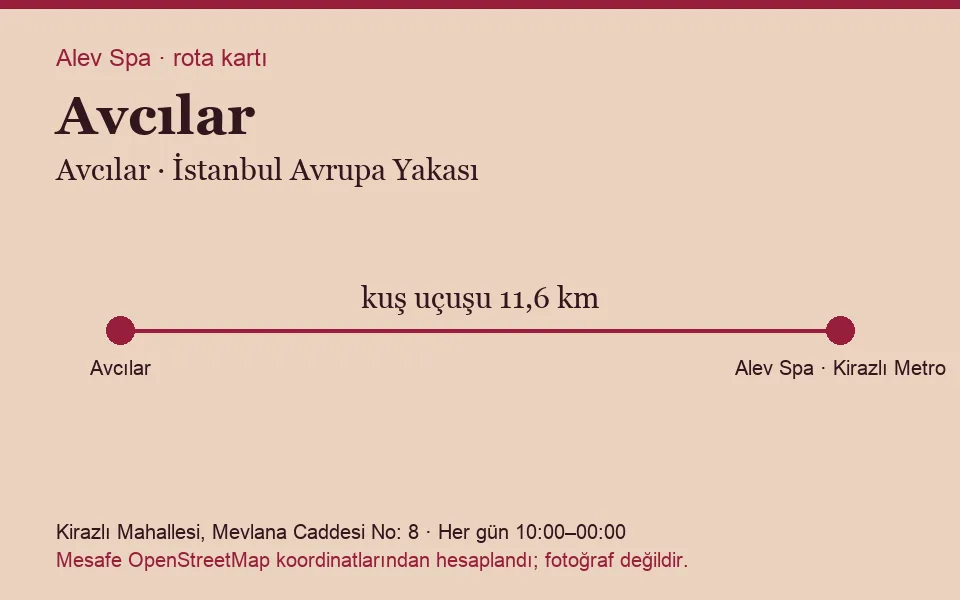 Avcılar masaj salonu rota kartı: Alev Spa'ya kuş uçuşu 11,6 km