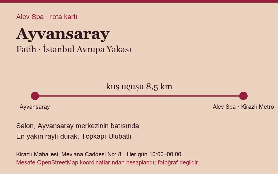 Ayvansaray masaj salonu rota kartı: Alev Spa'ya kuş uçuşu 8,5 km, salon batısında