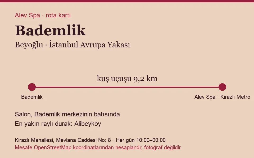 Bademlik masaj salonu rota kartı: Alev Spa'ya kuş uçuşu 9,2 km, salon batısında