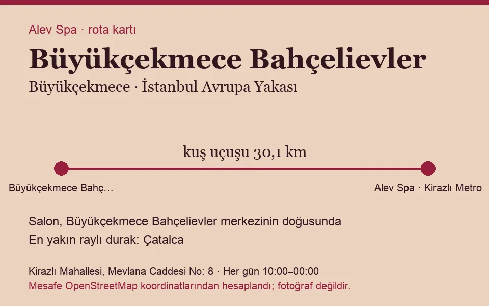 Bahçelievler (Büyükçekmece) masaj salonu rota kartı: Alev Spa'ya kuş uçuşu 30,1 km, salon doğusunda