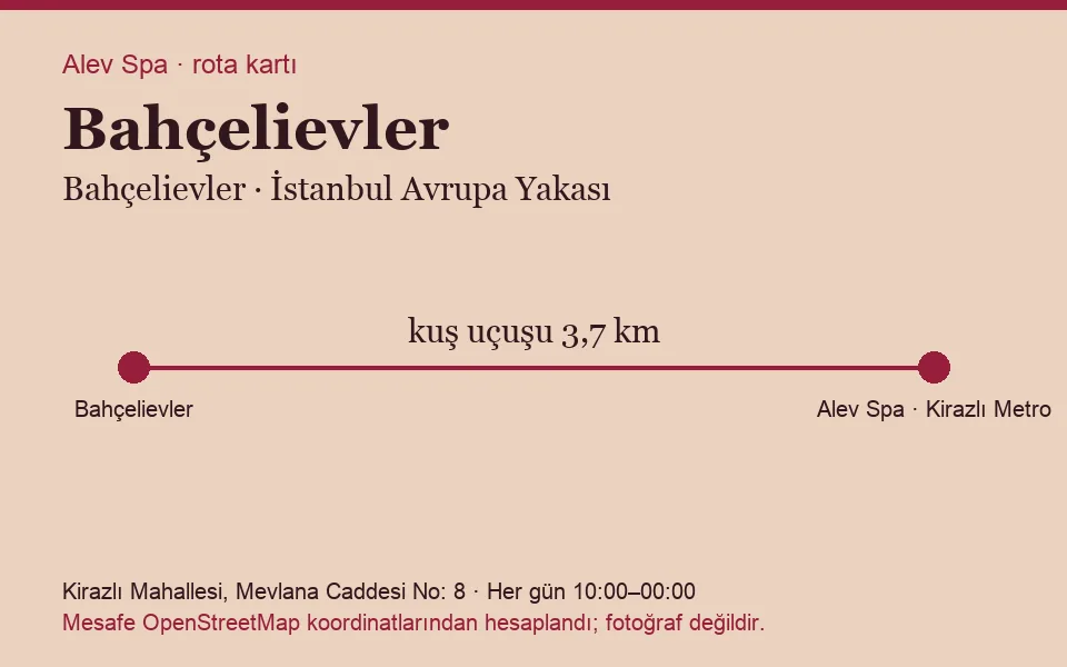 Bahçelievler masaj salonu rota kartı: Alev Spa'ya kuş uçuşu 3,7 km