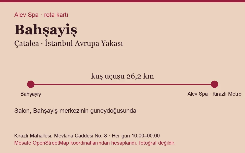 Bahşayiş masaj salonu rota kartı: Alev Spa'ya kuş uçuşu 26,2 km, salon güneydoğusunda