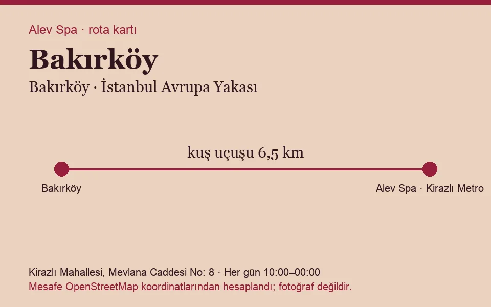 Bakırköy masaj salonu rota kartı: Alev Spa'ya kuş uçuşu 6,5 km
