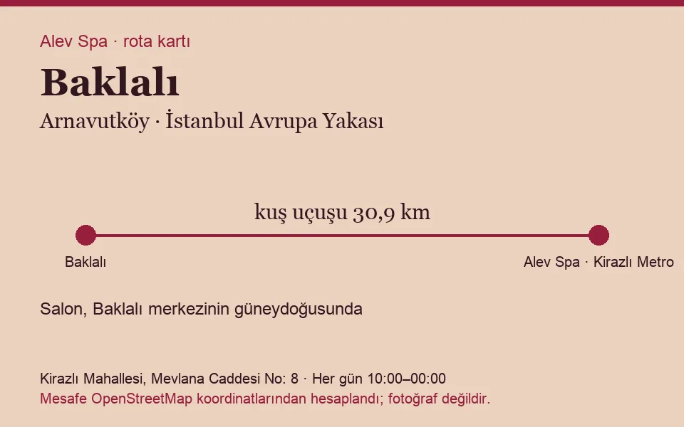 Baklalı masaj salonu rota kartı: Alev Spa'ya kuş uçuşu 30,9 km, salon güneydoğusunda
