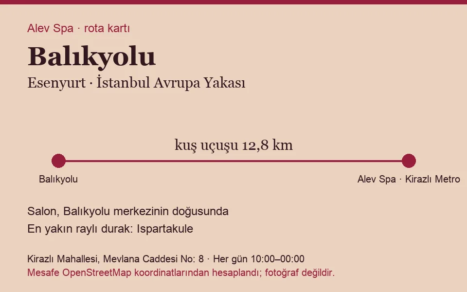 Balıkyolu masaj salonu rota kartı: Alev Spa'ya kuş uçuşu 12,8 km, salon doğusunda
