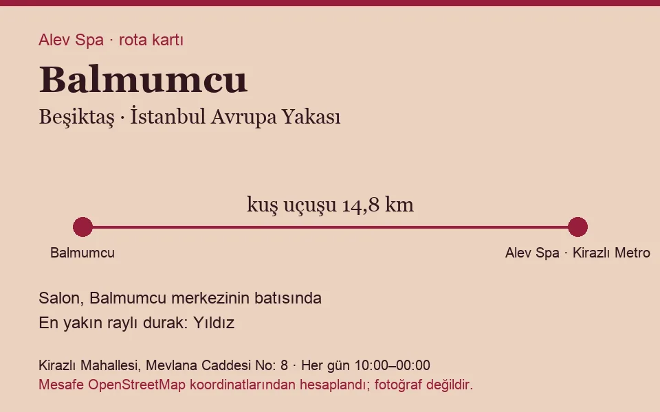 Balmumcu masaj salonu rota kartı: Alev Spa'ya kuş uçuşu 14,8 km, salon batısında