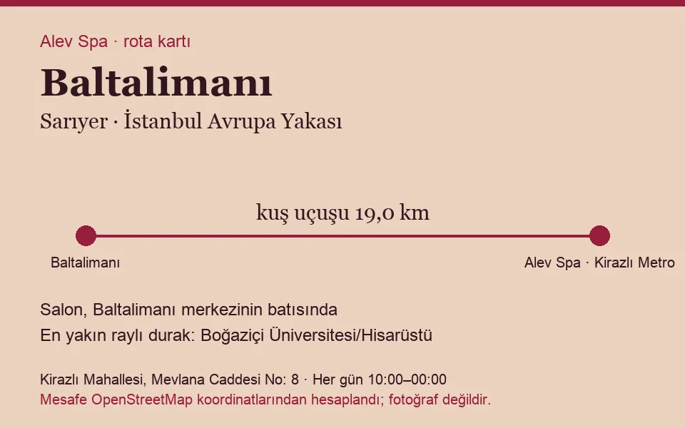 Baltalimanı masaj salonu rota kartı: Alev Spa'ya kuş uçuşu 19,0 km, salon batısında