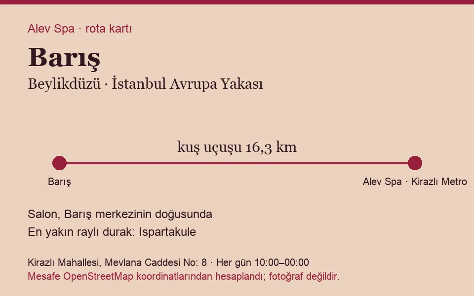 Barış masaj salonu rota kartı: Alev Spa'ya kuş uçuşu 16,3 km, salon doğusunda