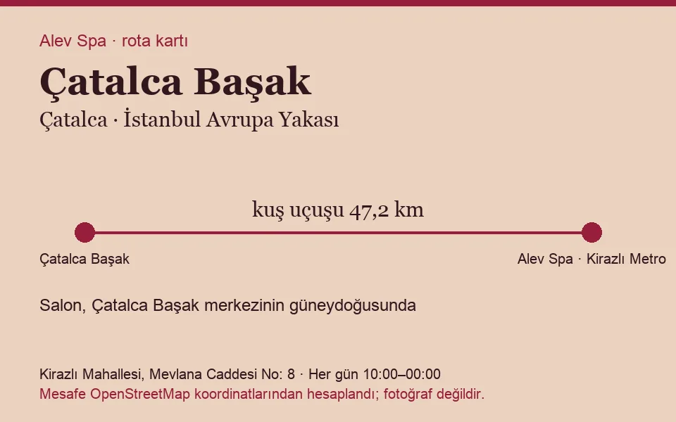 Çatalca Çatalca Başak masaj salonu rota kartı: Alev Spa'ya kuş uçuşu 47,2 km, salon güneydoğusunda