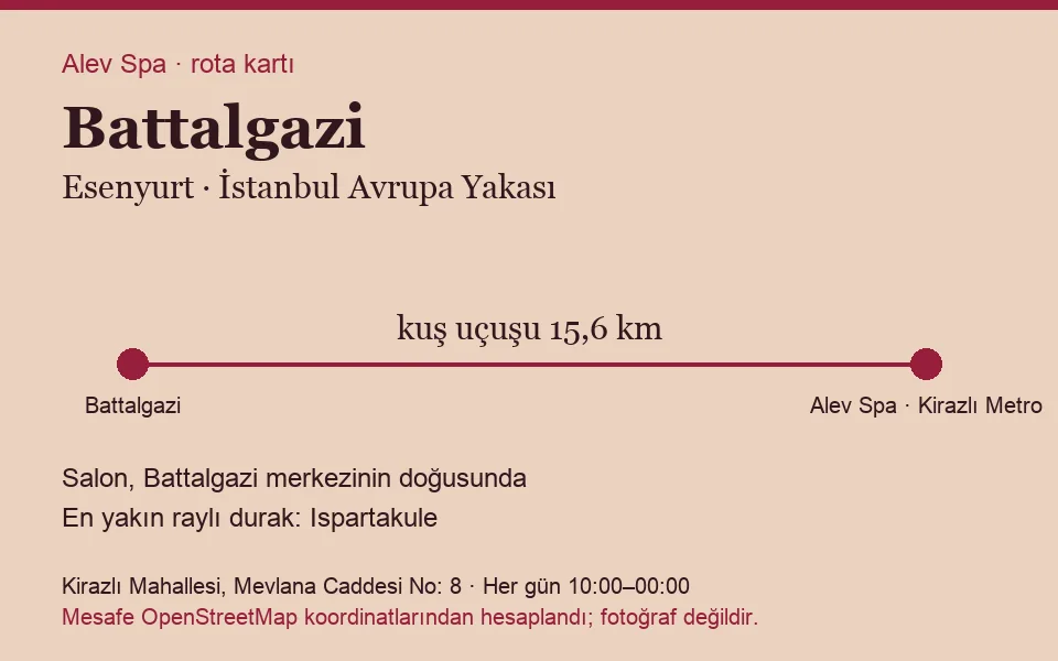Battalgazi masaj salonu rota kartı: Alev Spa'ya kuş uçuşu 15,6 km, salon doğusunda