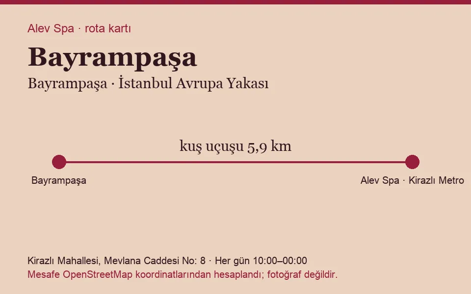 Bayrampaşa masaj salonu rota kartı: Alev Spa'ya kuş uçuşu 5,9 km