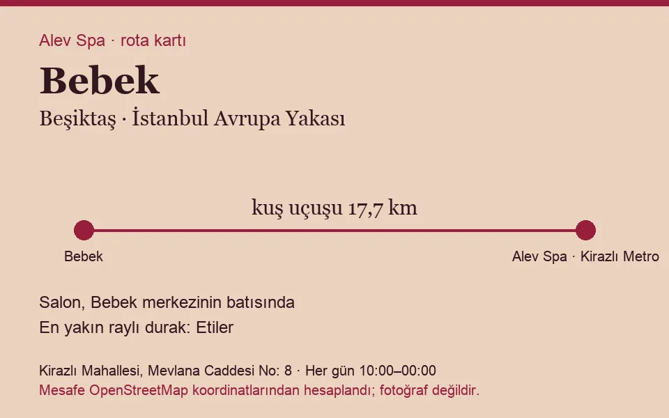 Bebek masaj salonu rota kartı: Alev Spa'ya kuş uçuşu 17,7 km, salon batısında