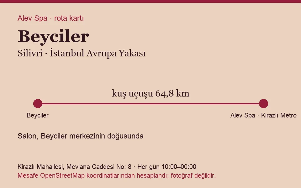 Beyciler masaj salonu rota kartı: Alev Spa'ya kuş uçuşu 64,8 km, salon doğusunda