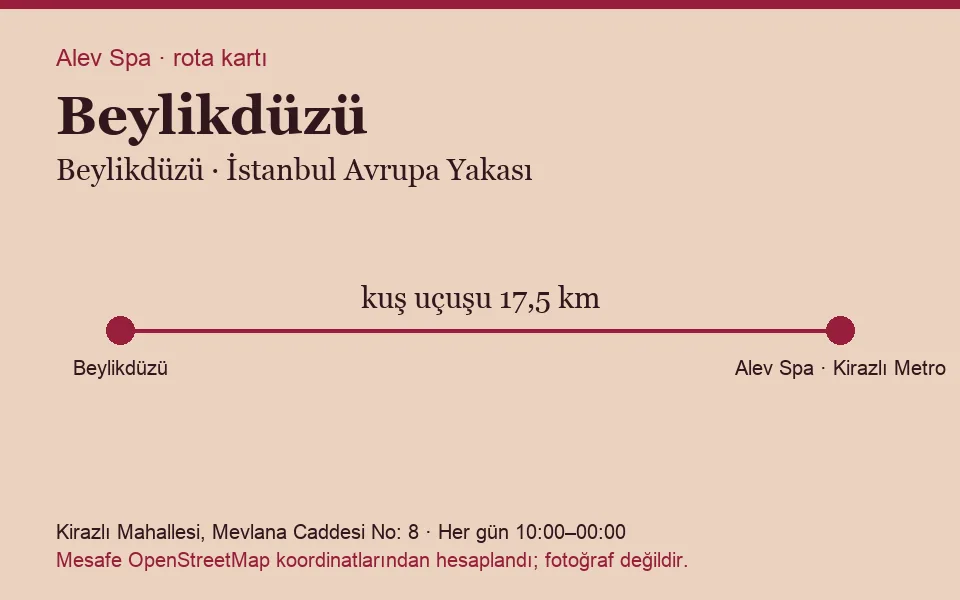 Beylikdüzü masaj salonu rota kartı: Alev Spa'ya kuş uçuşu 17,5 km