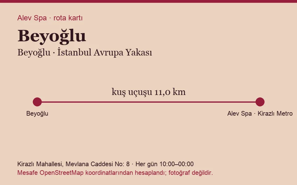 Beyoğlu masaj salonu rota kartı: Alev Spa'ya kuş uçuşu 11,0 km