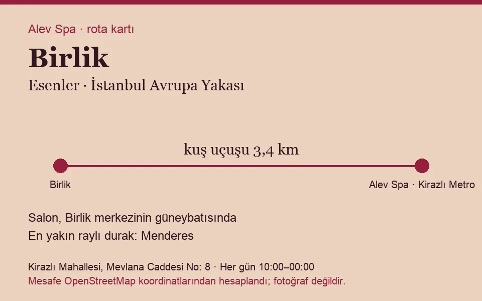 Birlik masaj salonu rota kartı: Alev Spa'ya kuş uçuşu 3,4 km, salon güneybatısında