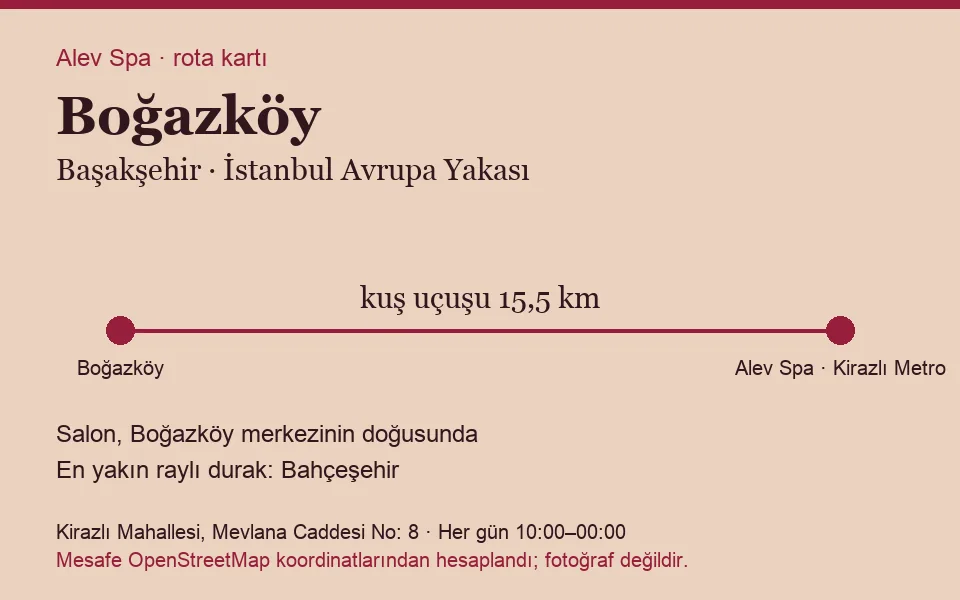 Boğazköy masaj salonu rota kartı: Alev Spa'ya kuş uçuşu 15,5 km, salon doğusunda