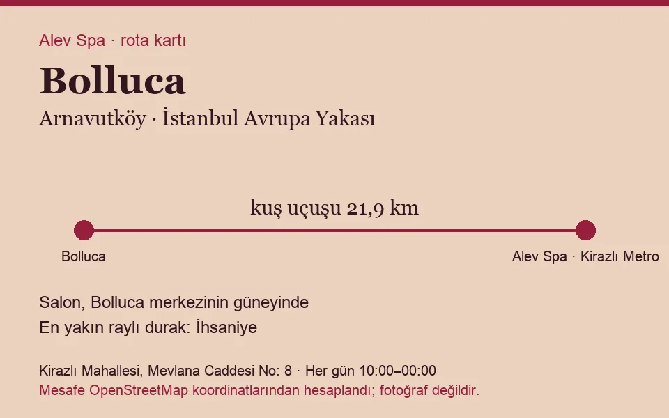 Bolluca masaj salonu rota kartı: Alev Spa'ya kuş uçuşu 21,9 km, salon güneyinde