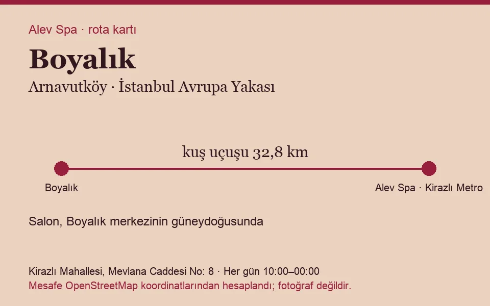 Boyalık masaj salonu rota kartı: Alev Spa'ya kuş uçuşu 32,8 km, salon güneydoğusunda