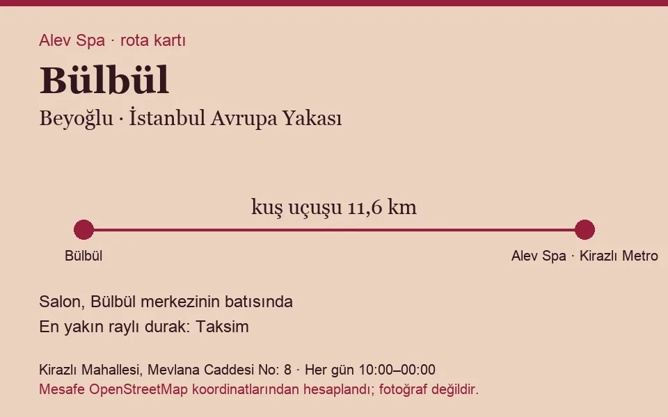 Bülbül masaj salonu rota kartı: Alev Spa'ya kuş uçuşu 11,6 km, salon batısında