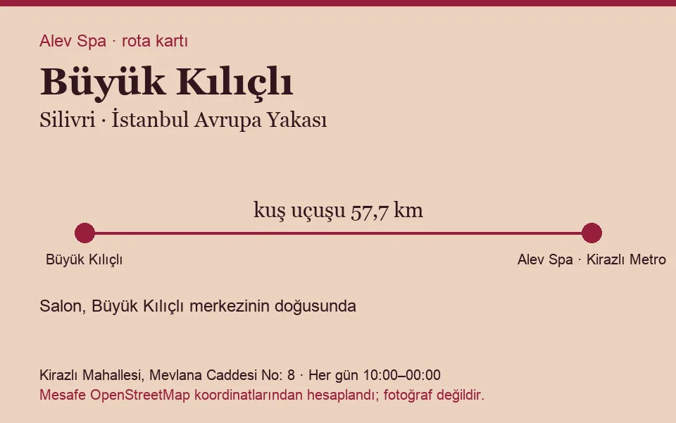 Büyük Kılıçlı masaj salonu rota kartı: Alev Spa'ya kuş uçuşu 57,7 km, salon doğusunda