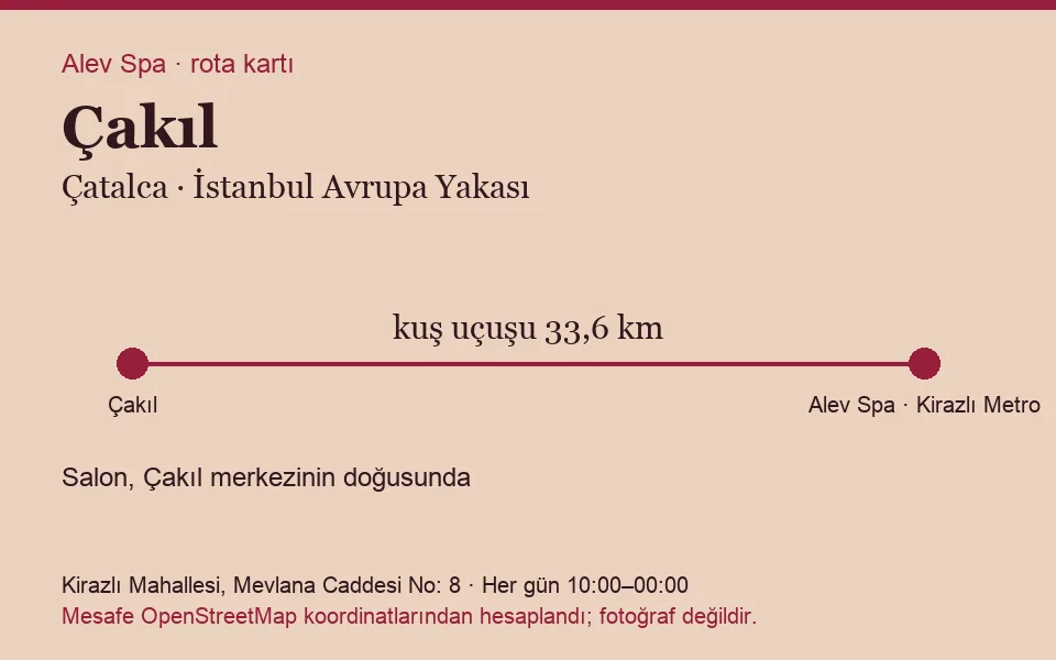 Çakıl masaj salonu rota kartı: Alev Spa'ya kuş uçuşu 33,6 km, salon doğusunda