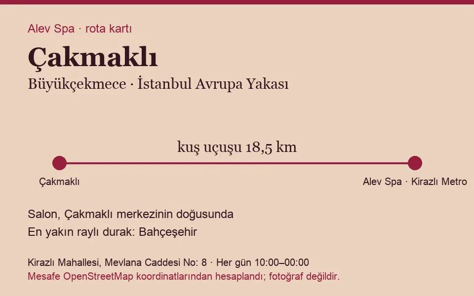Çakmaklı masaj salonu rota kartı: Alev Spa'ya kuş uçuşu 18,5 km, salon doğusunda