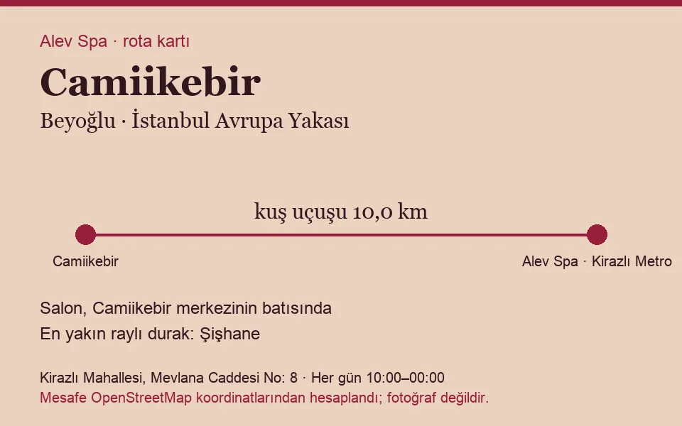 Camiikebir masaj salonu rota kartı: Alev Spa'ya kuş uçuşu 10,0 km, salon batısında