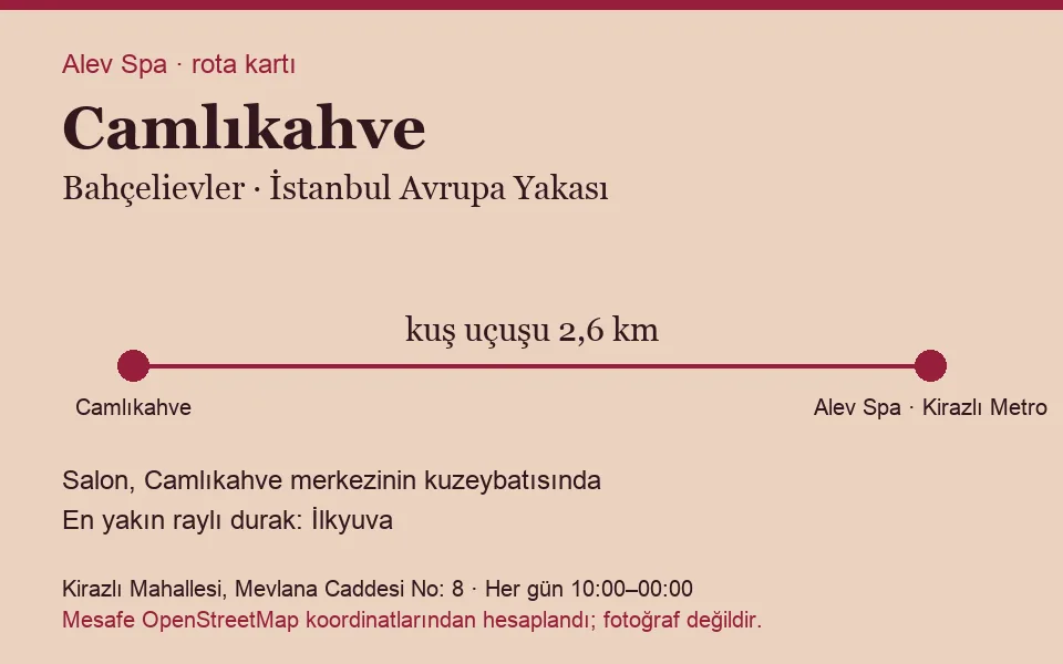 Camlıkahve masaj salonu rota kartı: Alev Spa'ya kuş uçuşu 2,6 km, salon kuzeybatısında