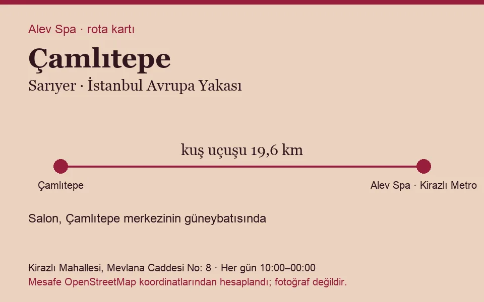 Çamlıtepe masaj salonu rota kartı: Alev Spa'ya kuş uçuşu 19,6 km, salon güneybatısında