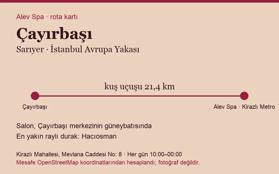 Çayırbaşı masaj salonu rota kartı: Alev Spa'ya kuş uçuşu 21,4 km, salon güneybatısında