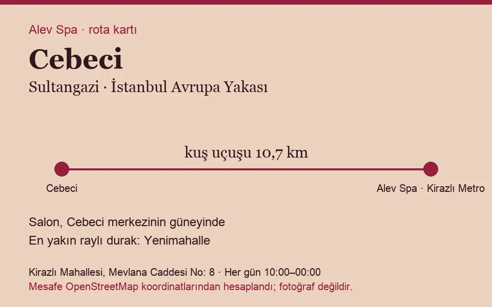 Cebeci masaj salonu rota kartı: Alev Spa'ya kuş uçuşu 10,7 km, salon güneyinde