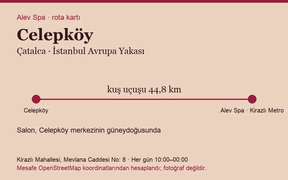 Celepköy masaj salonu rota kartı: Alev Spa'ya kuş uçuşu 44,8 km, salon güneydoğusunda